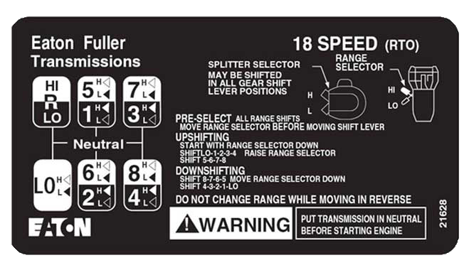 18 speed shift pattern for Eaton Fuller transmission